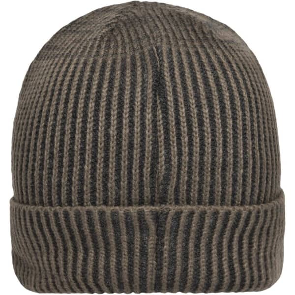 A ribbed beanie in a brown and black colour scheme, featuring a folded brim and a textured design.