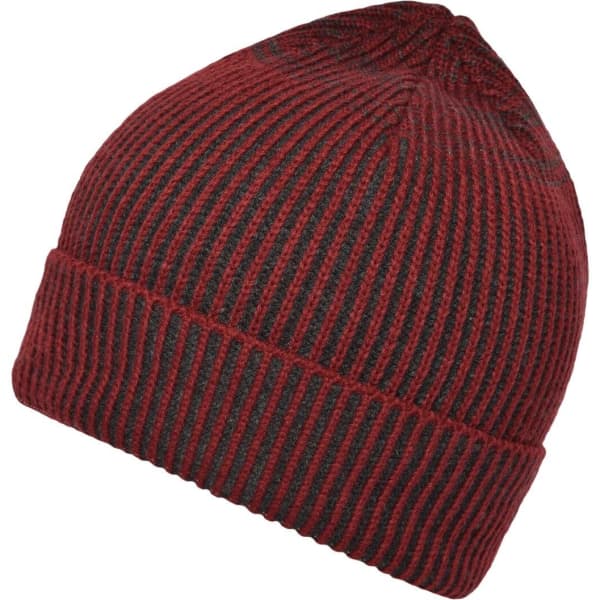 A ribbed beanie in red and black, featuring a snug fit and a textured design. It has a logo on the side.