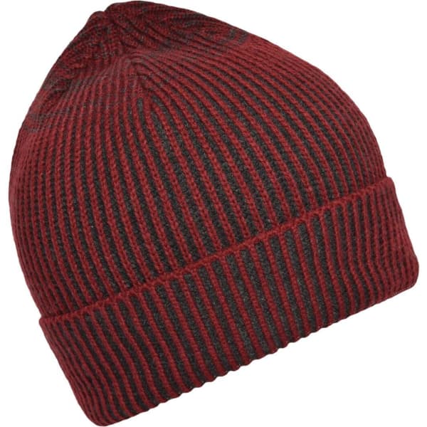 A ribbed beanie in shades of red and grey, featuring a logo on the side.