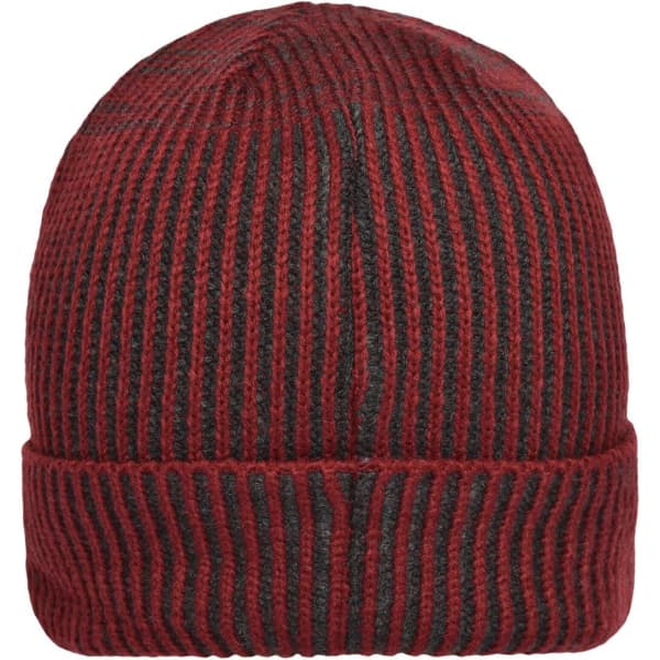 A ribbed beanie in dark red and black with a cuffed hem. It features a branding logo.