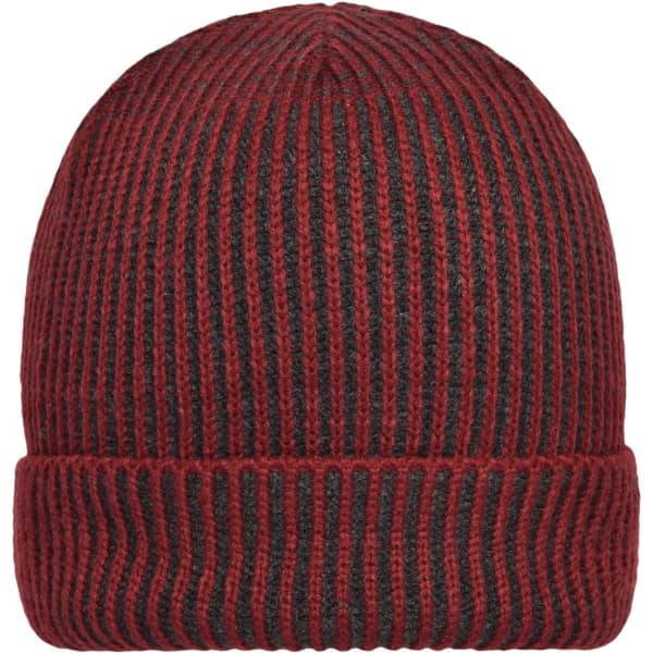 A ribbed beanie in burgundy and black, featuring a simple knitted design and a logo.