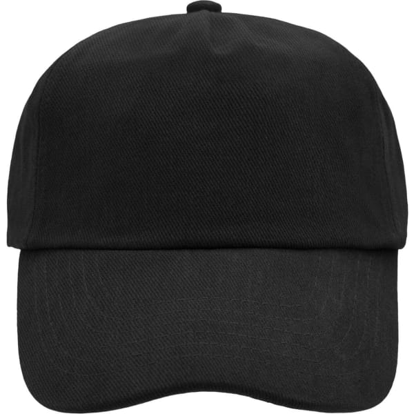 A black 5 panel cap with a flat brim and a branded logo.