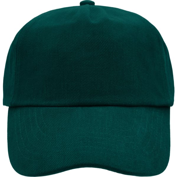 A dark green 5 panel cap with a curved brim and a branded logo on the front.