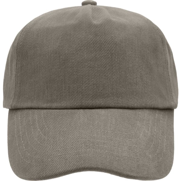 A 5-panel cap in a grey colour with a curved brim and a logo on the front.