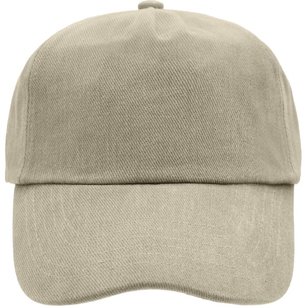 A 5 panel cap in a neutral beige colour with a curved brim and a branded logo.