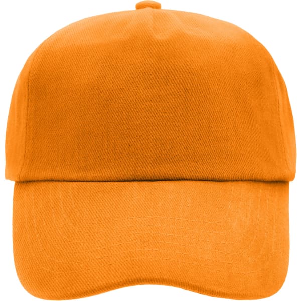 An orange 5 panel cap featuring a solid design and a logo on the front.