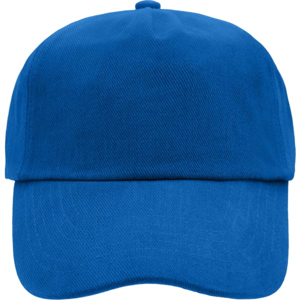 A blue 5 panel cap with a structured front panel and a logo on the side.