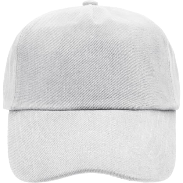 A 5 panel cap in light grey with a rounded crown and a pre-curved brim. It has a branding logo on the front.
