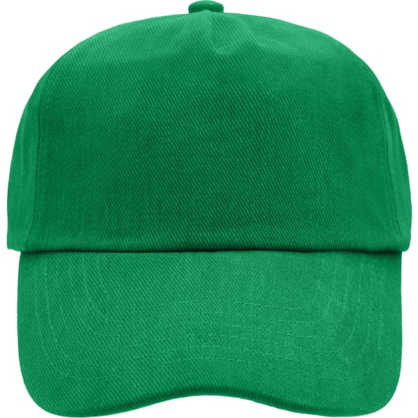 A green 5 panel cap with a curved brim and a logo on the front.