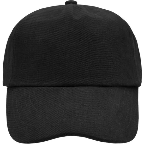 A black 5 Panel Cap featuring a curved peak and a plain design. It has a logo on the front.