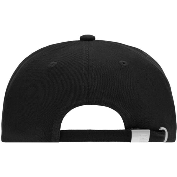 A black 5 panel cap featuring a flat brim and an adjustable strap at the back, with a logo on the strap.