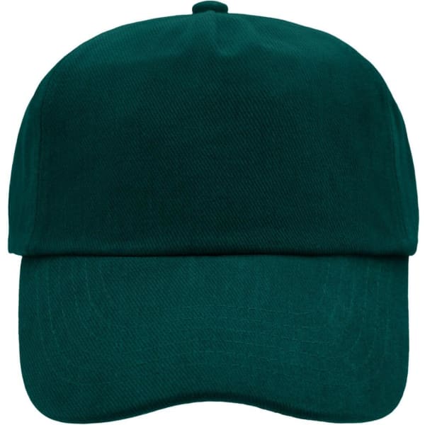 A dark green 5 panel cap featuring a structured crown and a stiff visor. Includes a logo on the front.
