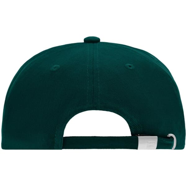 A green 5 panel cap featuring a curved brim and an adjustable strap at the back, with a logo on the side.