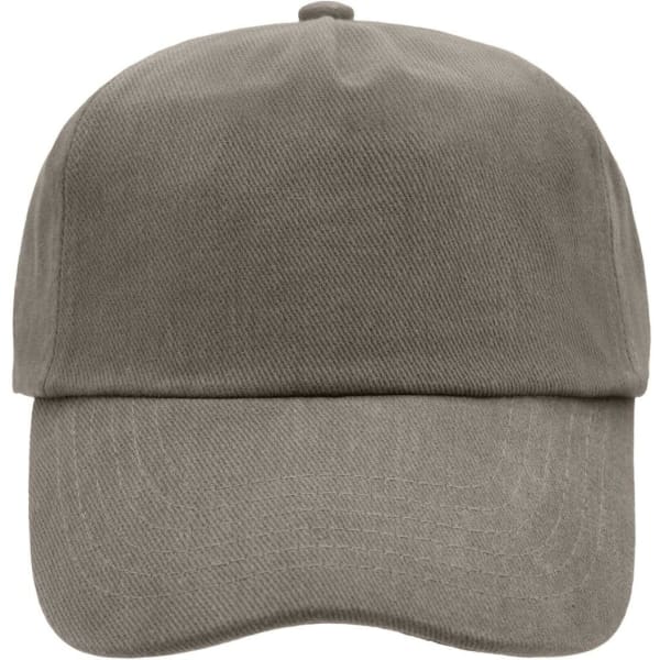 A five-panel cap in a neutral grey colour, featuring a rounded crown and a stiff brim. It has a logo on the front.