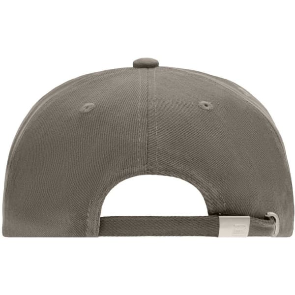 A grey 5 Panel Cap featuring a smooth fabric and an adjustable strap at the back. Includes a small logo.