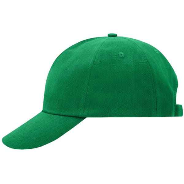 A green 5 panel cap featuring a curved brim and an adjustable strap at the back. It includes a logo.
