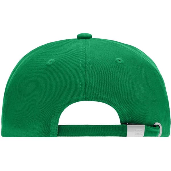 A green 5 panel cap featuring a rear adjustable strap and a logo on the back.