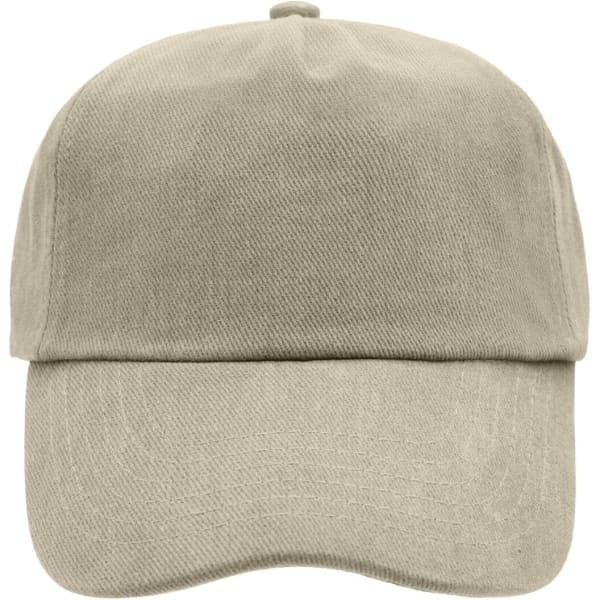 A beige 5 panel cap with a curved brim and a logo on the front.