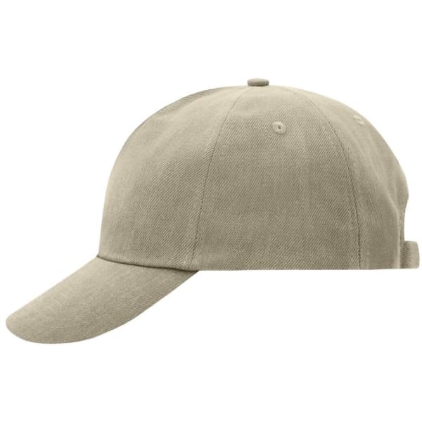 A beige 5 panel cap with a curved brim and a rear adjustment strap, featuring a logo.