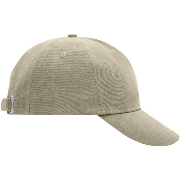 A beige 5 panel cap with a curved brim and an adjustable strap at the back. It features a logo.