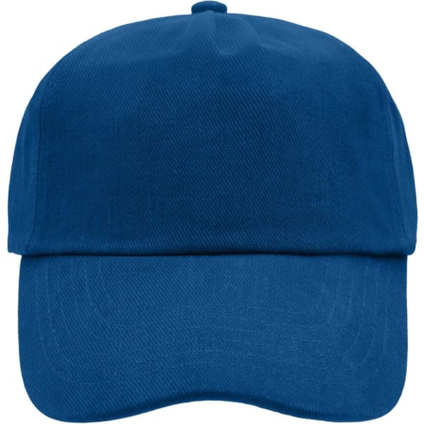 A blue 5 panel cap featuring a solid design and a front panel, with a logo present.