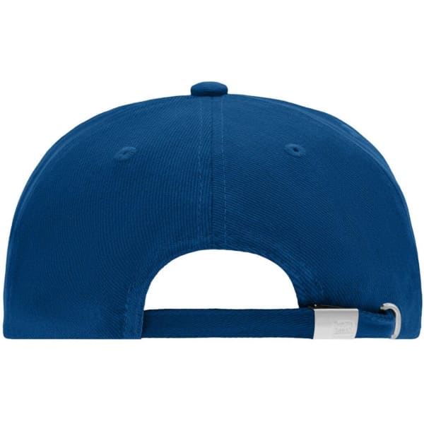 A blue 5 Panel Cap featuring an adjustable strap and a logo on the back.