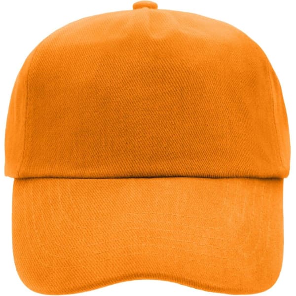 An orange 5-panel cap with a structured design and a curved brim, featuring a logo on the front.