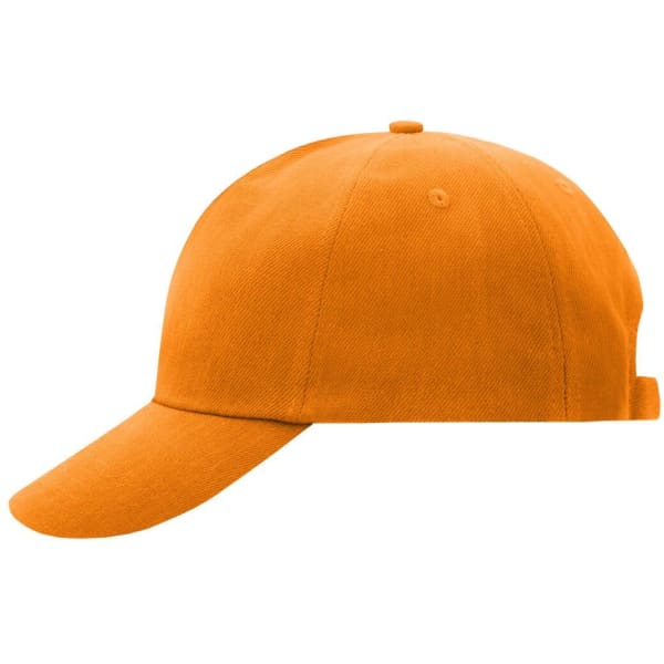 An orange 5 panel cap with a curved brim and adjustable strap, featuring a logo.