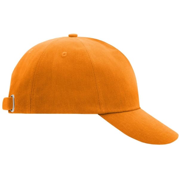 An orange 5 panel cap with a curved brim and an adjustable strap at the back. It features a logo.