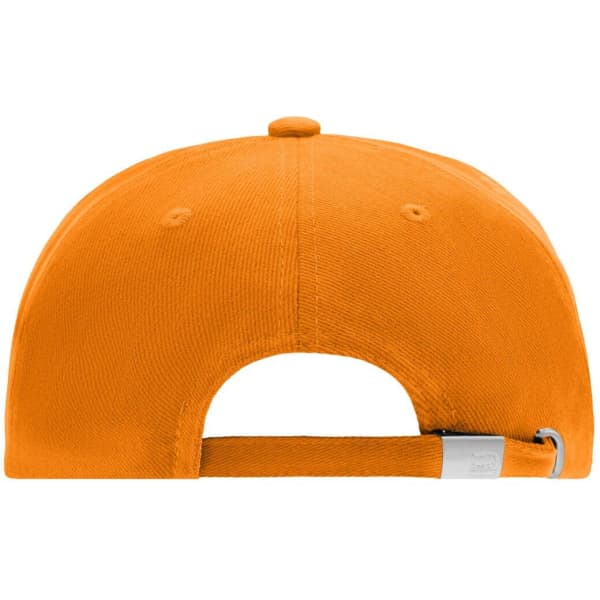 An orange 5 panel cap featuring a back strap and a logo on the adjustment tab.