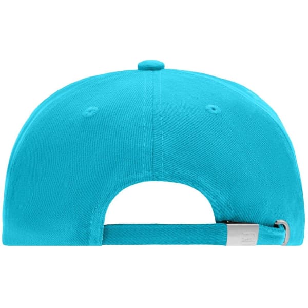 A bright turquoise 5 panel cap featuring a rear adjustment strap and a logo on the side.