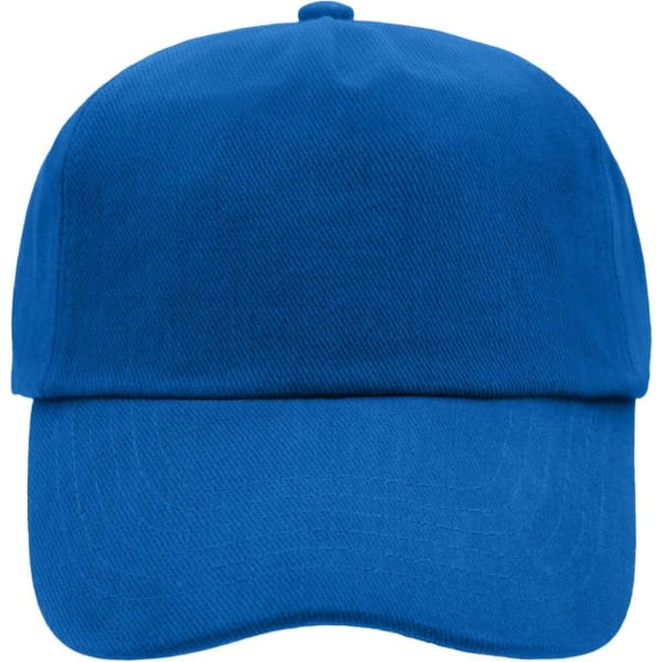 A blue 5 panel cap featuring a curved brim and an adjustable back, with a logo on the front.