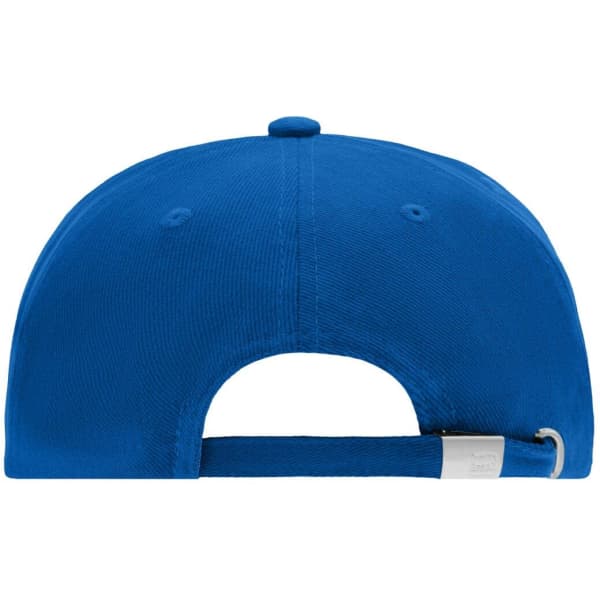 A blue 5 panel cap featuring a rear adjustment strap and a logo on the side.
