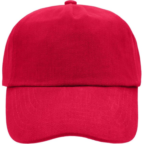 A red 5 panel cap featuring a curved brim and an adjustable strap. It has a plain design without visible logos.