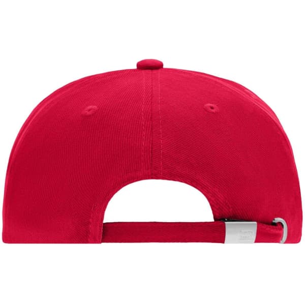 A red 5 panel cap with a flat brim and an adjustable strap at the back, featuring a logo.