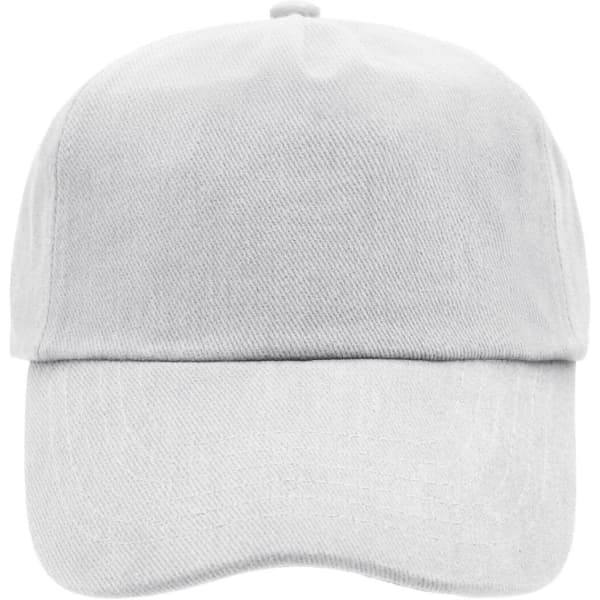 A grey 5 panel cap with a curved brim and a branding logo on the front.