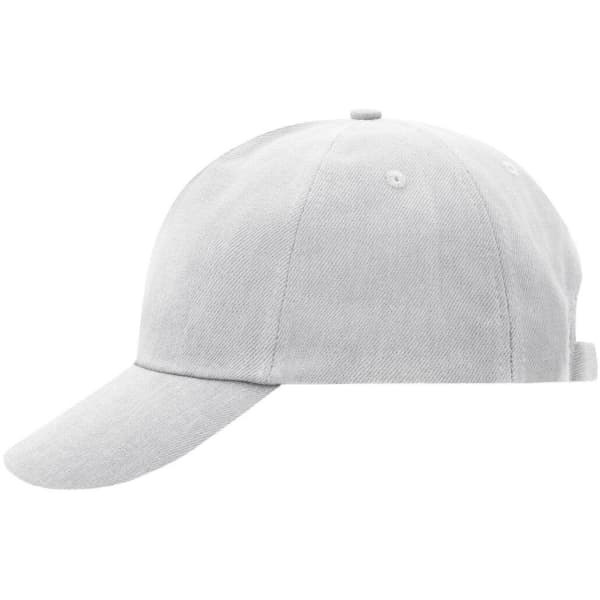 A light grey 5 panel cap featuring a curved brim and a rear adjustment strap, with a logo on the side.
