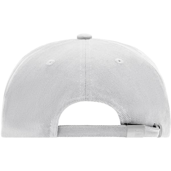 A white 5-panel cap featuring a rear adjustable strap and a logo on the side.