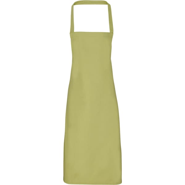 A light green organic cotton bib apron with a neck strap and no visible logos or branding.