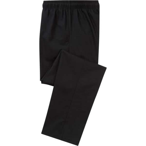 A pair of black cargo trousers with an elastic waistband, featuring multiple pockets and a logo.
