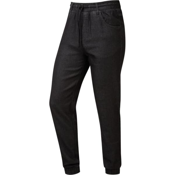 Black jogger-style pants with an elastic waistband and pocket, suitable for chefs. Features a logo on the waistband.