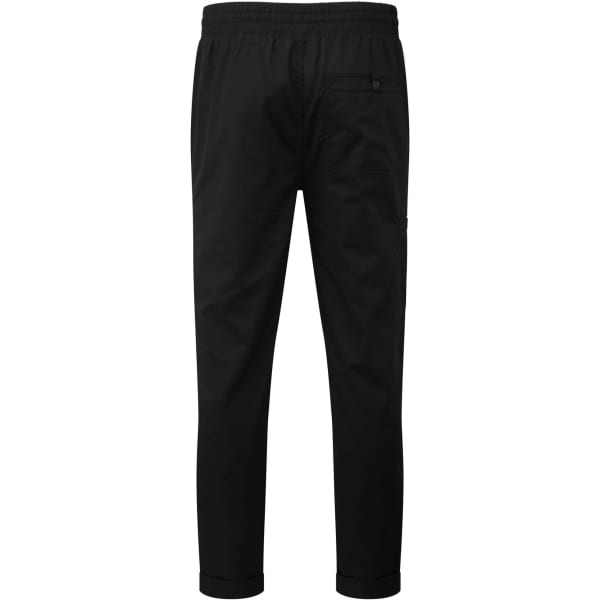 A pair of black cargo trousers with an elastic waistband and side pockets, featuring a logo.