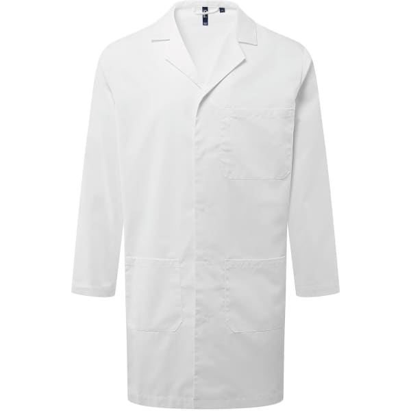 A white work coat featuring three pockets and a collar, designed for lab use. It includes a logo.