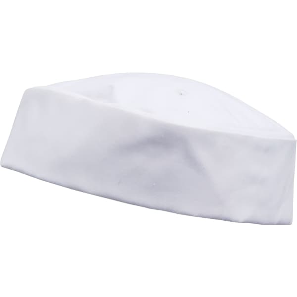 A white chef's hat with a turn-up design, featuring a simple logo.