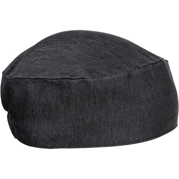 A Chef's skull cap in dark grey fabric, featuring a rounded design and a logo on the side.