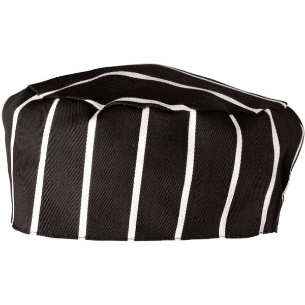 A chef's skull cap in black with white stripes, featuring a structured design and minimal branding.