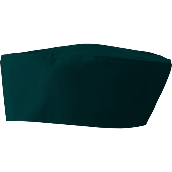 A dark green chef's skull cap with a simple, rounded design, featuring a branding logo.