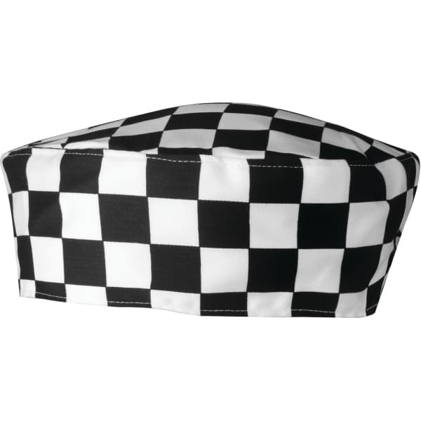 A chef's skull cap in a black and white checkered pattern, with a simple design and no visible branding.