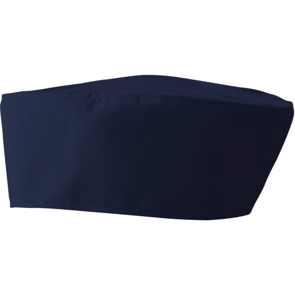 A navy blue chef's skull cap with a flat top and wide band. The cap has a simple, clean design.