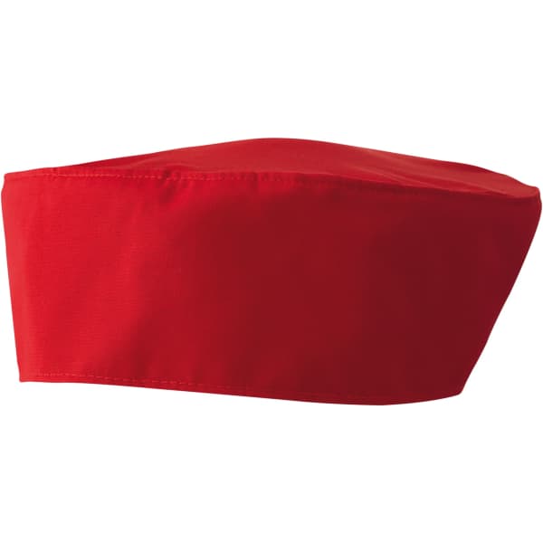 A red chef's skull cap with a simple design. Features a smooth fabric and no visible logos.